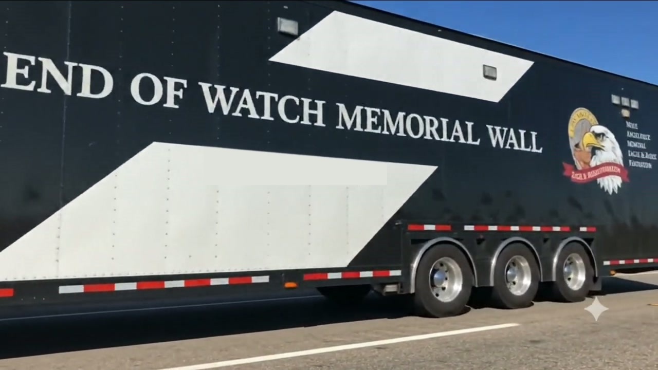 The End of Watch Memorial Wall trailer, stopped, side view